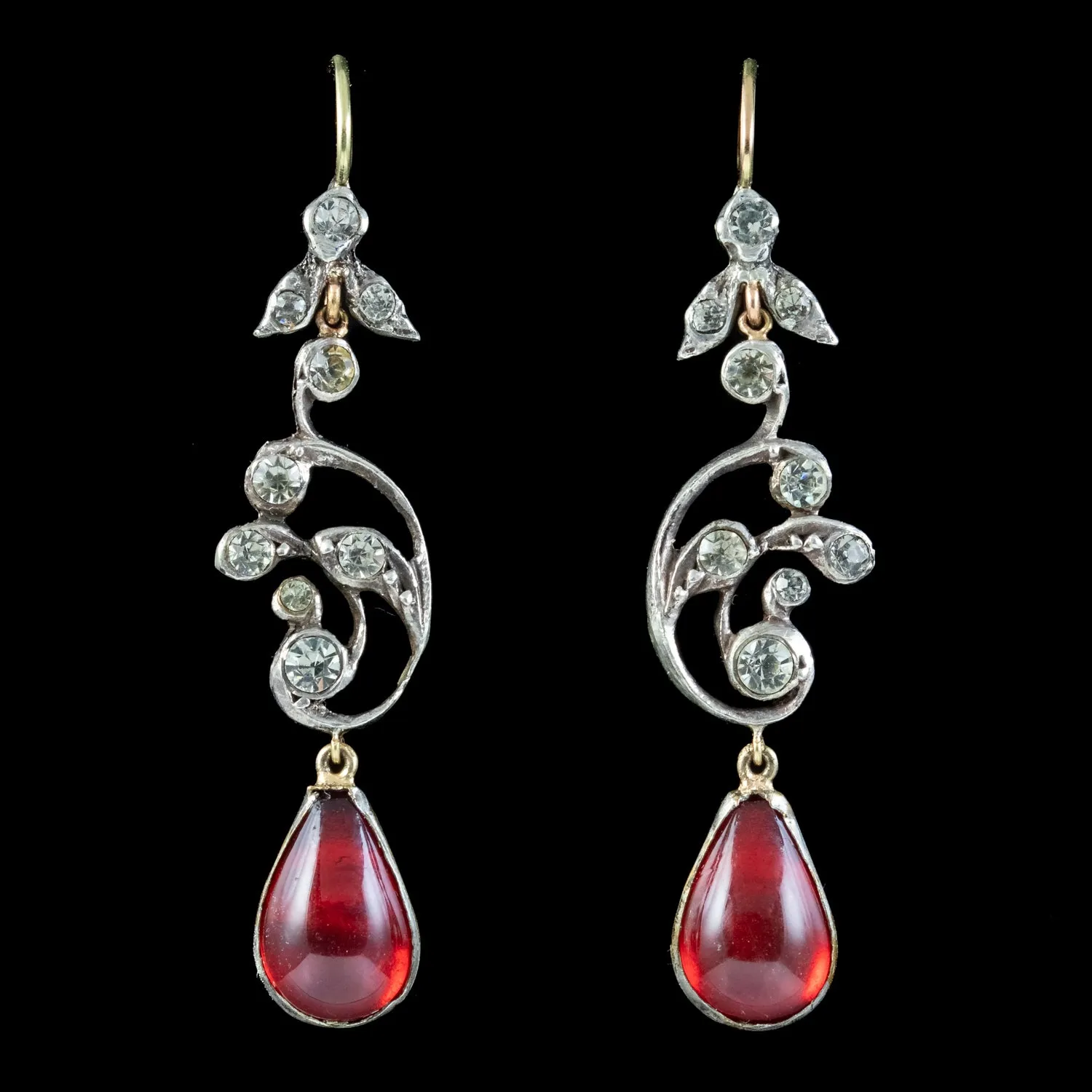 Victorian Style Red Paste Drop Earrings Silver