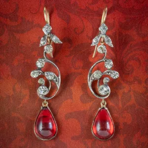 Victorian Style Red Paste Drop Earrings Silver