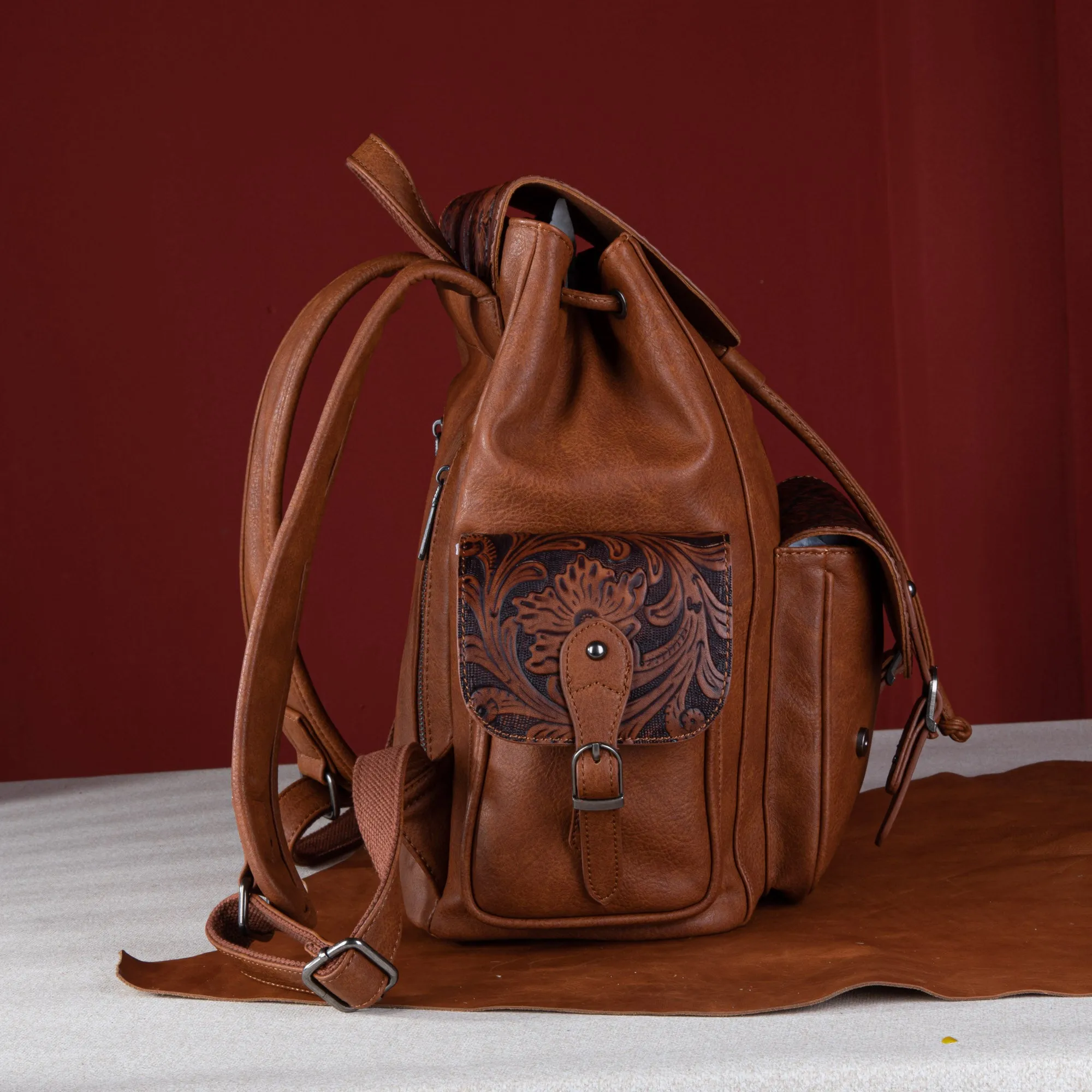 WG12-9110B  Wrangler Vintage Floral Tooled Backpack - Brown