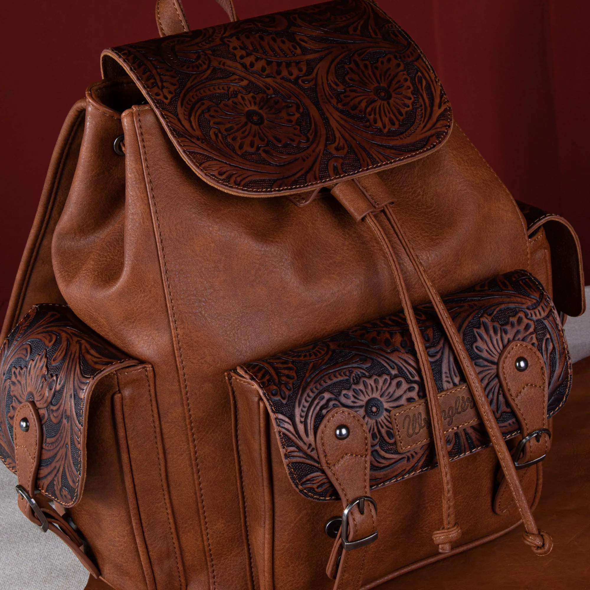 WG12-9110B  Wrangler Vintage Floral Tooled Backpack - Brown