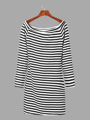 Wholesale Bateau Off The Shoulder 3/4 Sleeve Length Stripe Mini Dress