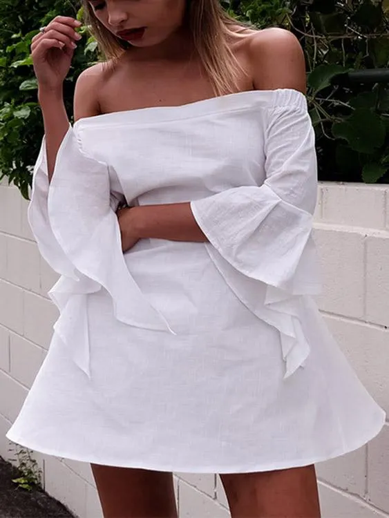 Wholesale Black Bateau Off The Shoulder Long Sleeve Plain Mini Dresses