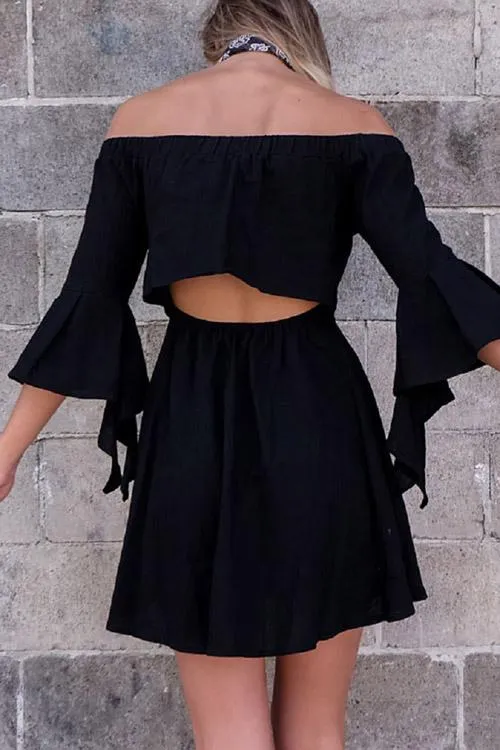 Wholesale Black Bateau Off The Shoulder Long Sleeve Plain Mini Dresses