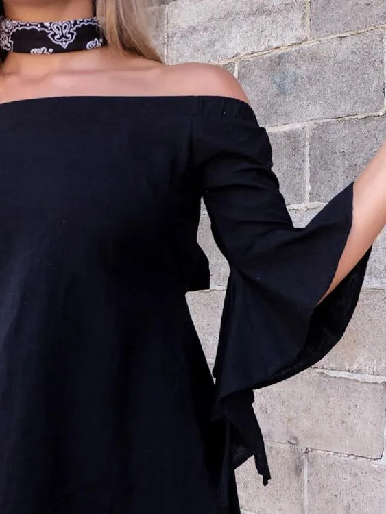Wholesale Black Bateau Off The Shoulder Long Sleeve Plain Mini Dresses