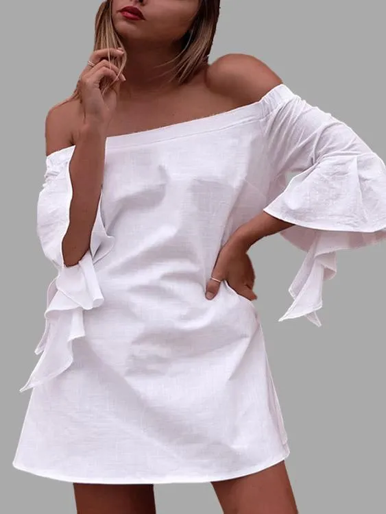 Wholesale Black Bateau Off The Shoulder Long Sleeve Plain Mini Dresses