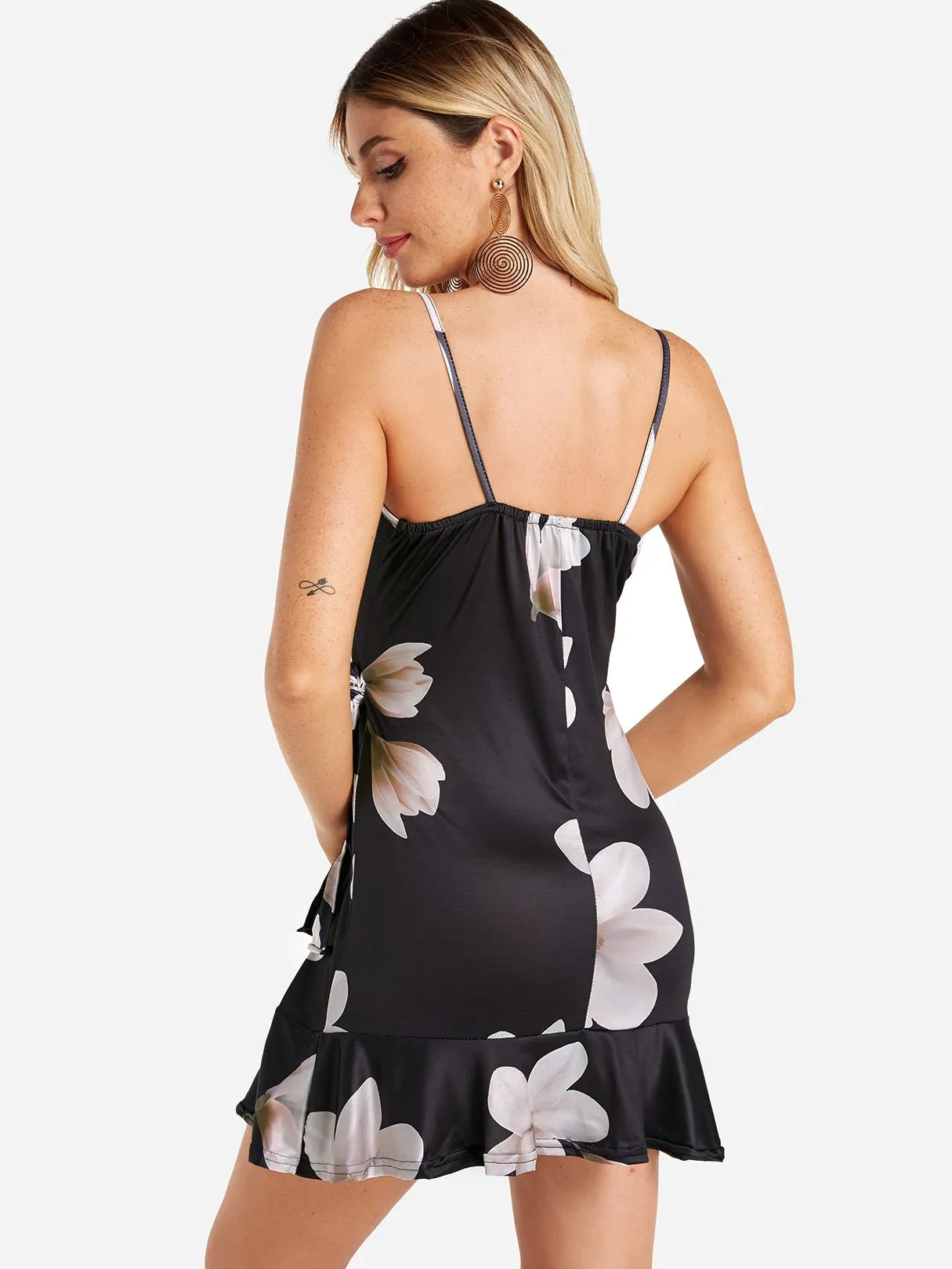 Wholesale Black Sleeveless Floral Print Self-Tie Mini Dress