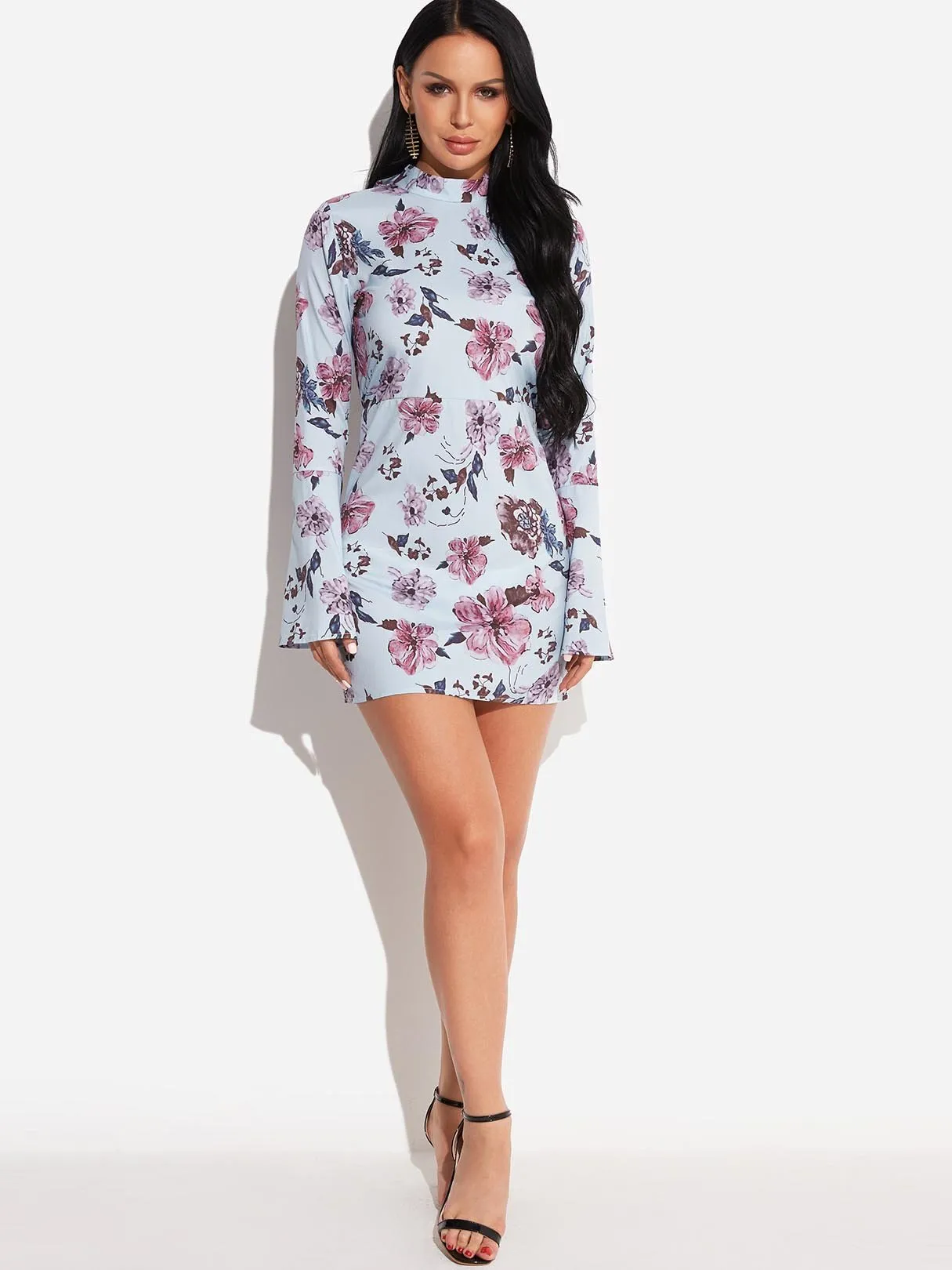 Wholesale Blue Long Sleeve Floral Print Backless Self-Tie Mini Dress