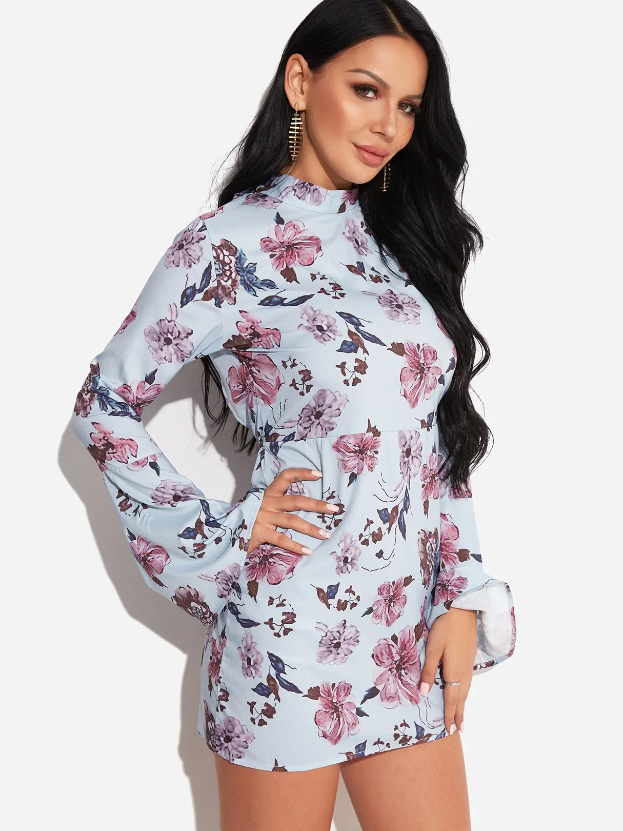 Wholesale Blue Long Sleeve Floral Print Backless Self-Tie Mini Dress