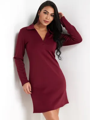 Wholesale Burgundy Deep V Neck Long Sleeve Plain Mini Dress