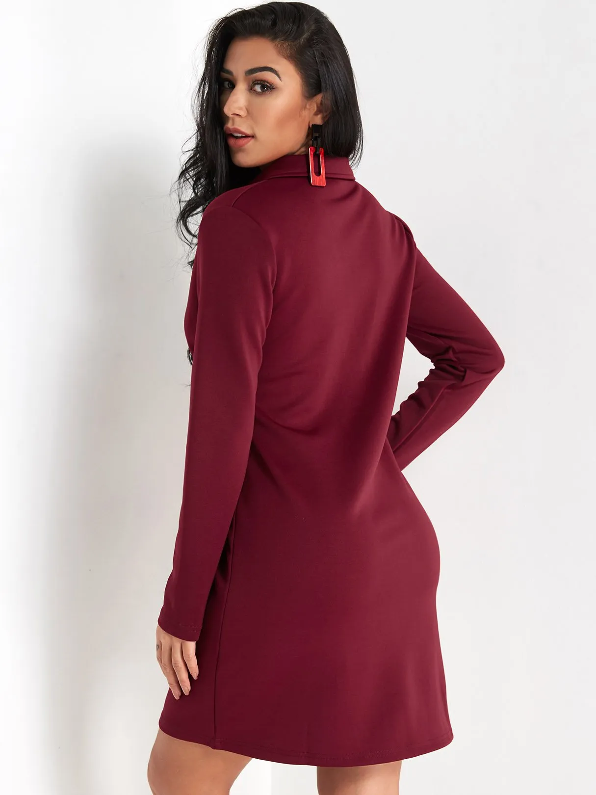 Wholesale Burgundy Deep V Neck Long Sleeve Plain Mini Dress