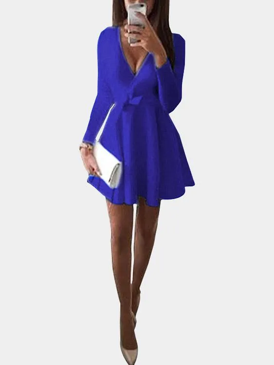 Wholesale Deep V-Neck Long Sleeve Plain Ruffle Hem Mini Dresses