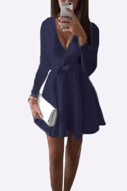 Wholesale Deep V-Neck Long Sleeve Plain Ruffle Hem Mini Dresses