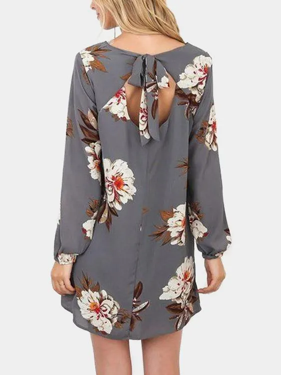 Wholesale Grey Round Neck Long Sleeve Floral Print Backless Lace-Up Mini Dresses