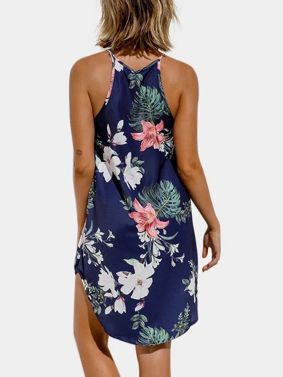 Wholesale Navy Crew Neck Sleeveless Floral Print Curved Hem Mini Dress