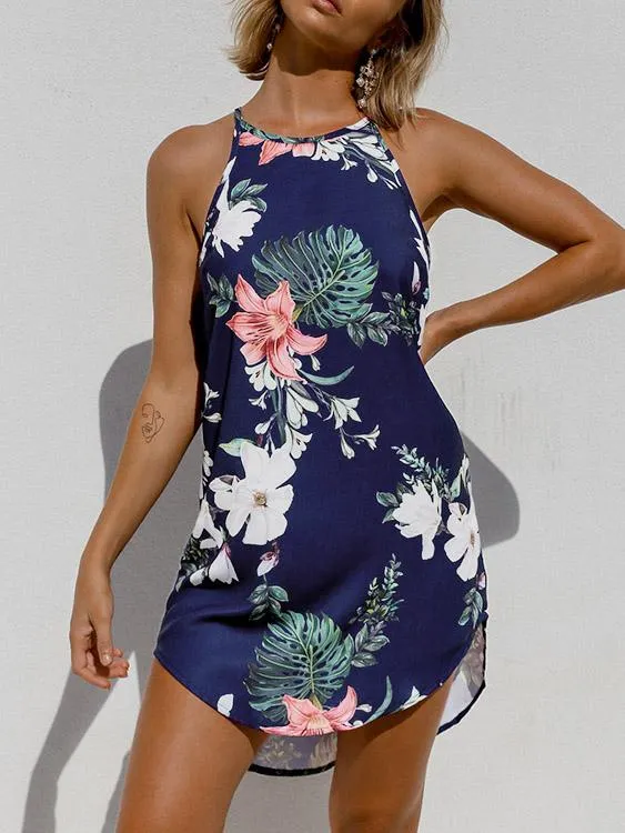 Wholesale Navy Crew Neck Sleeveless Floral Print Curved Hem Mini Dress