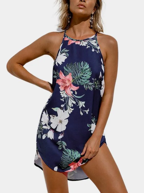 Wholesale Navy Crew Neck Sleeveless Floral Print Curved Hem Mini Dress