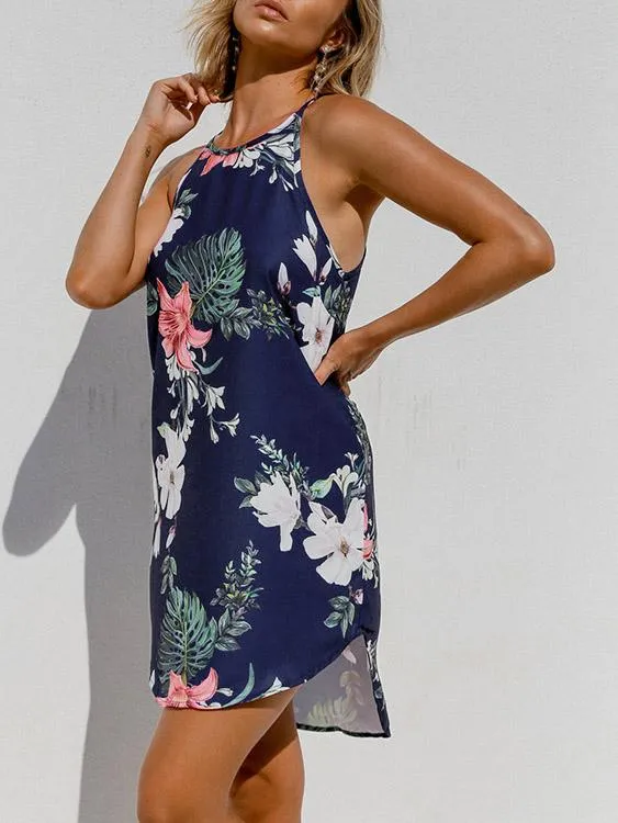 Wholesale Navy Crew Neck Sleeveless Floral Print Curved Hem Mini Dress