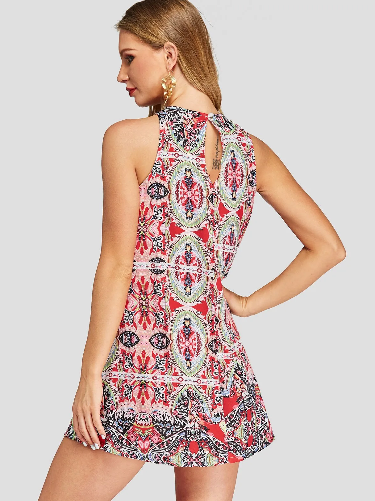 Wholesale Red Halter Sleeveless Tribal Print Mini Dresses
