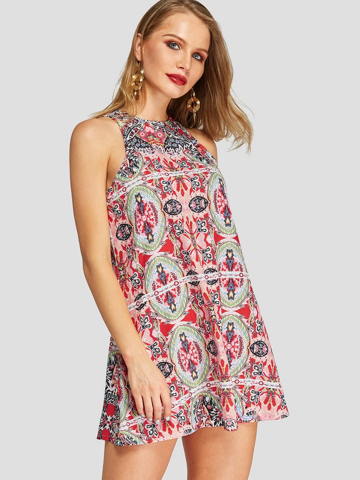 Wholesale Red Halter Sleeveless Tribal Print Mini Dresses