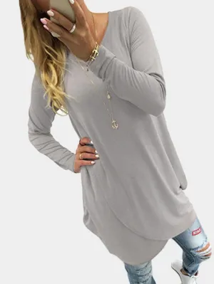 Wholesale Round Neck Long Sleeve Irregular Hem Grey Mini Dress