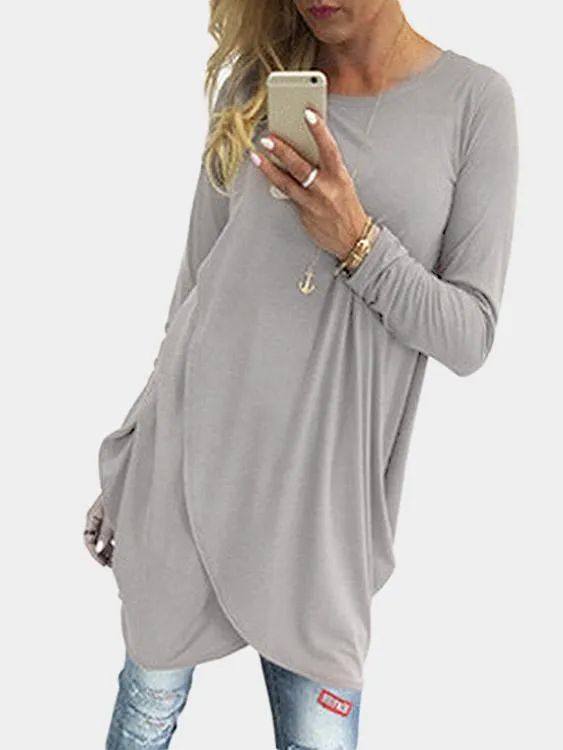 Wholesale Round Neck Long Sleeve Irregular Hem Grey Mini Dress