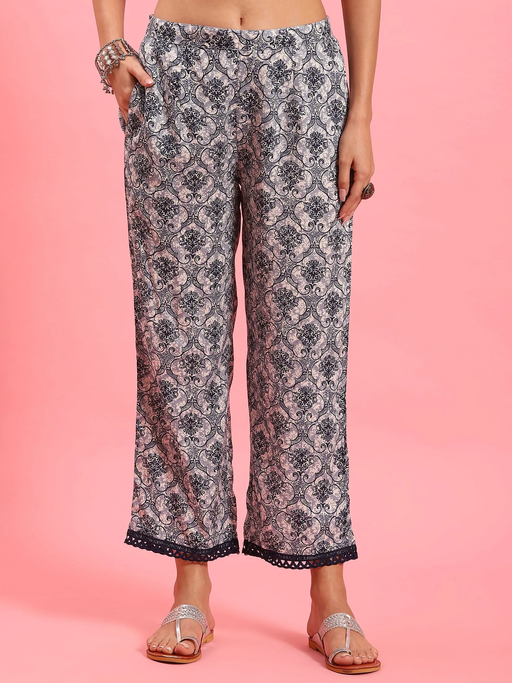 Women Blue Ornamental Printed Kurta With Comfort Pant
