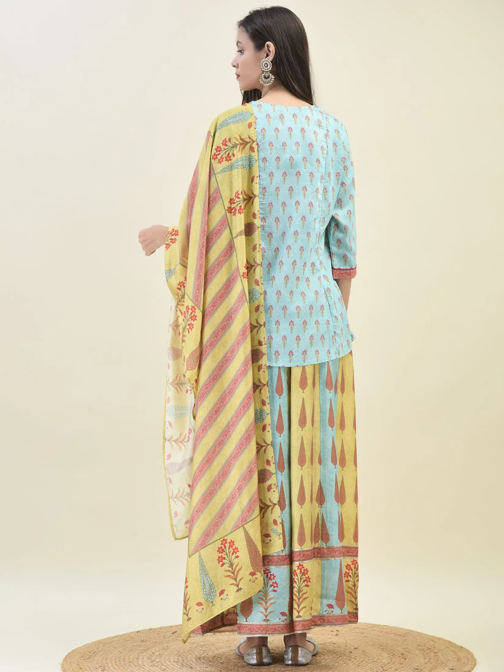 Women Chanderi Blue Ornamental Print Top Split Pant Dupatta