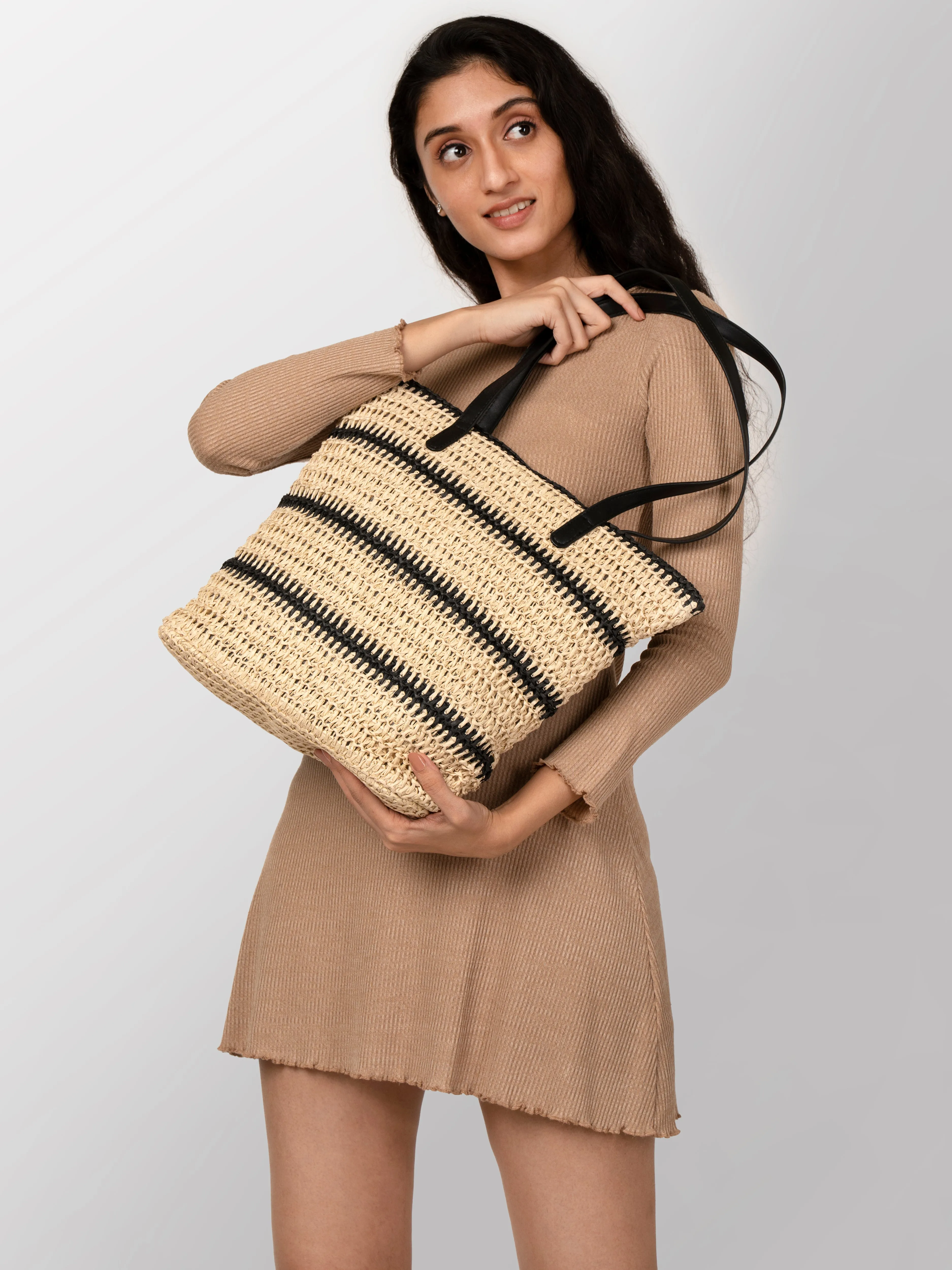 Women cream black jute textured fashion bag