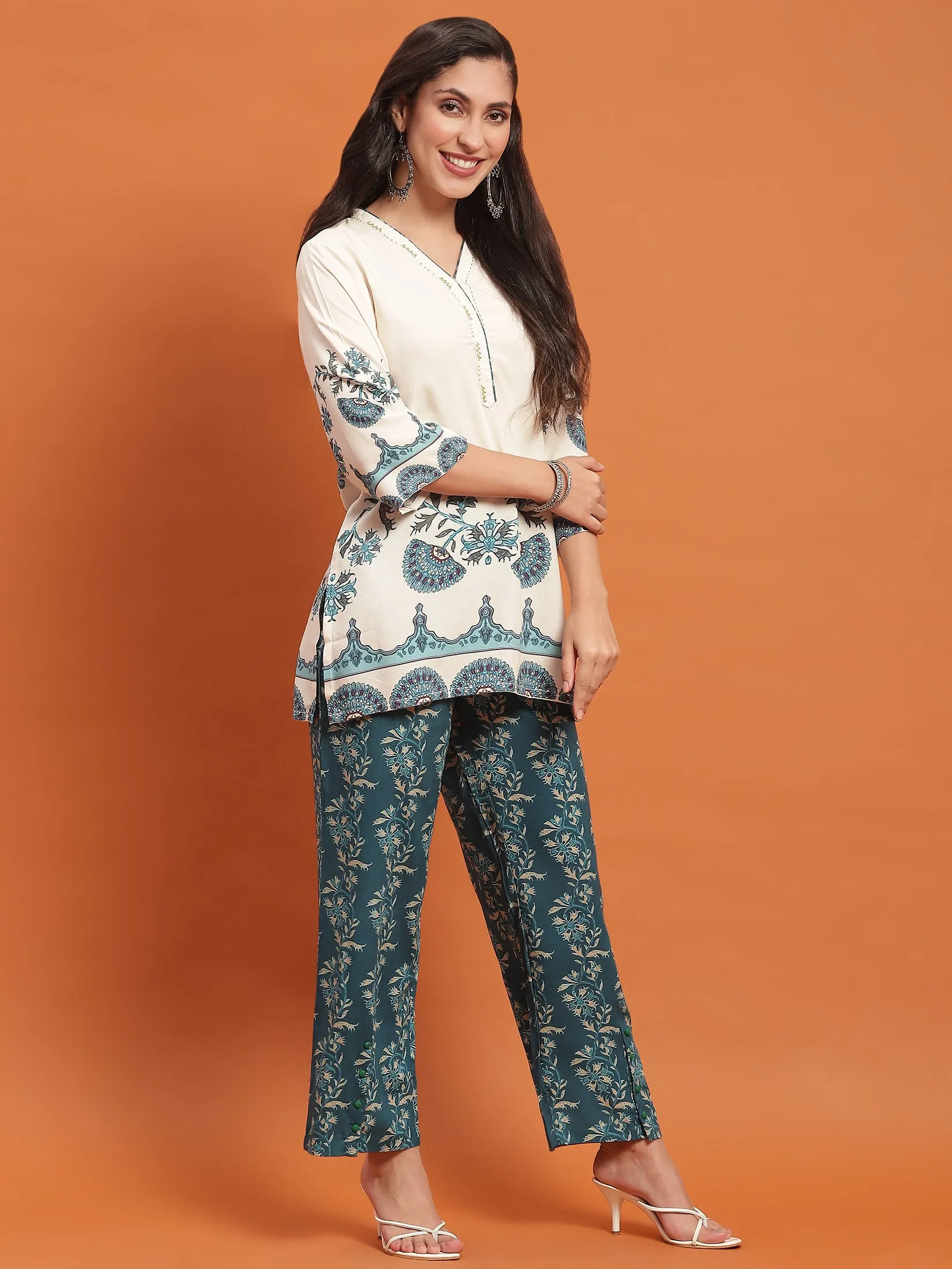 Women Cream Ornamental Print Co-Ord Set