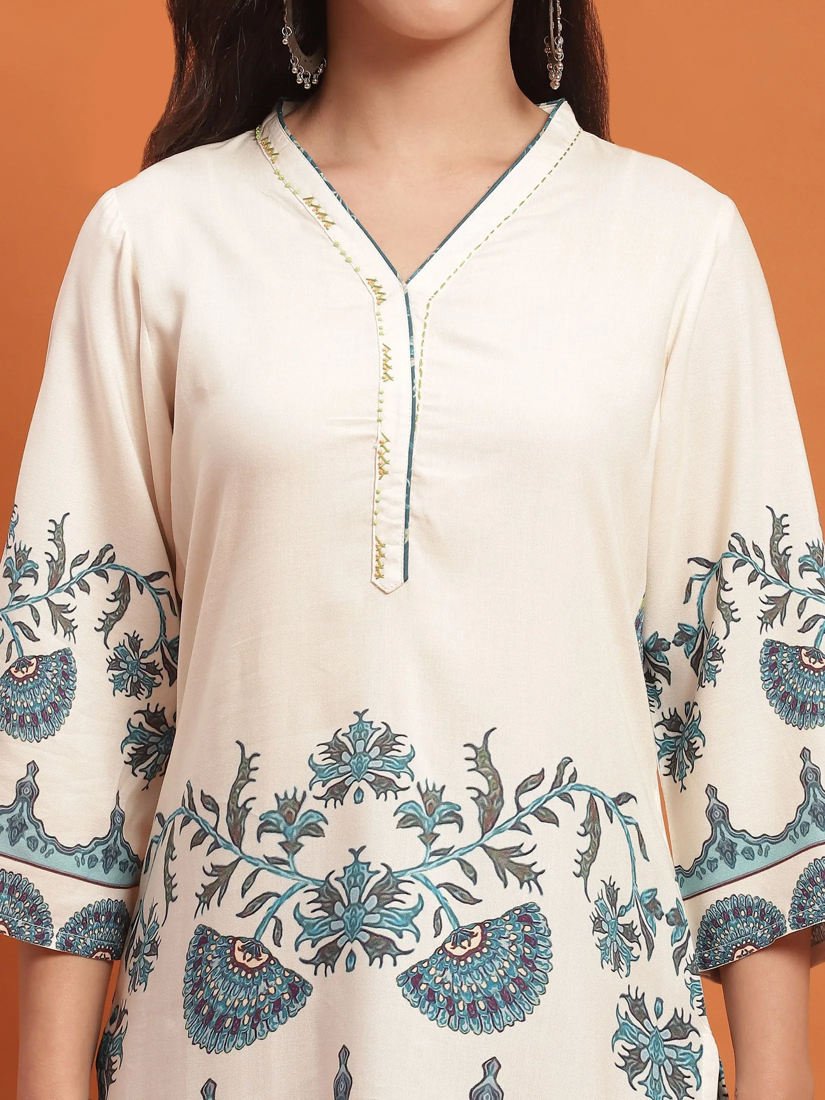 Women Cream Ornamental Print Co-Ord Set
