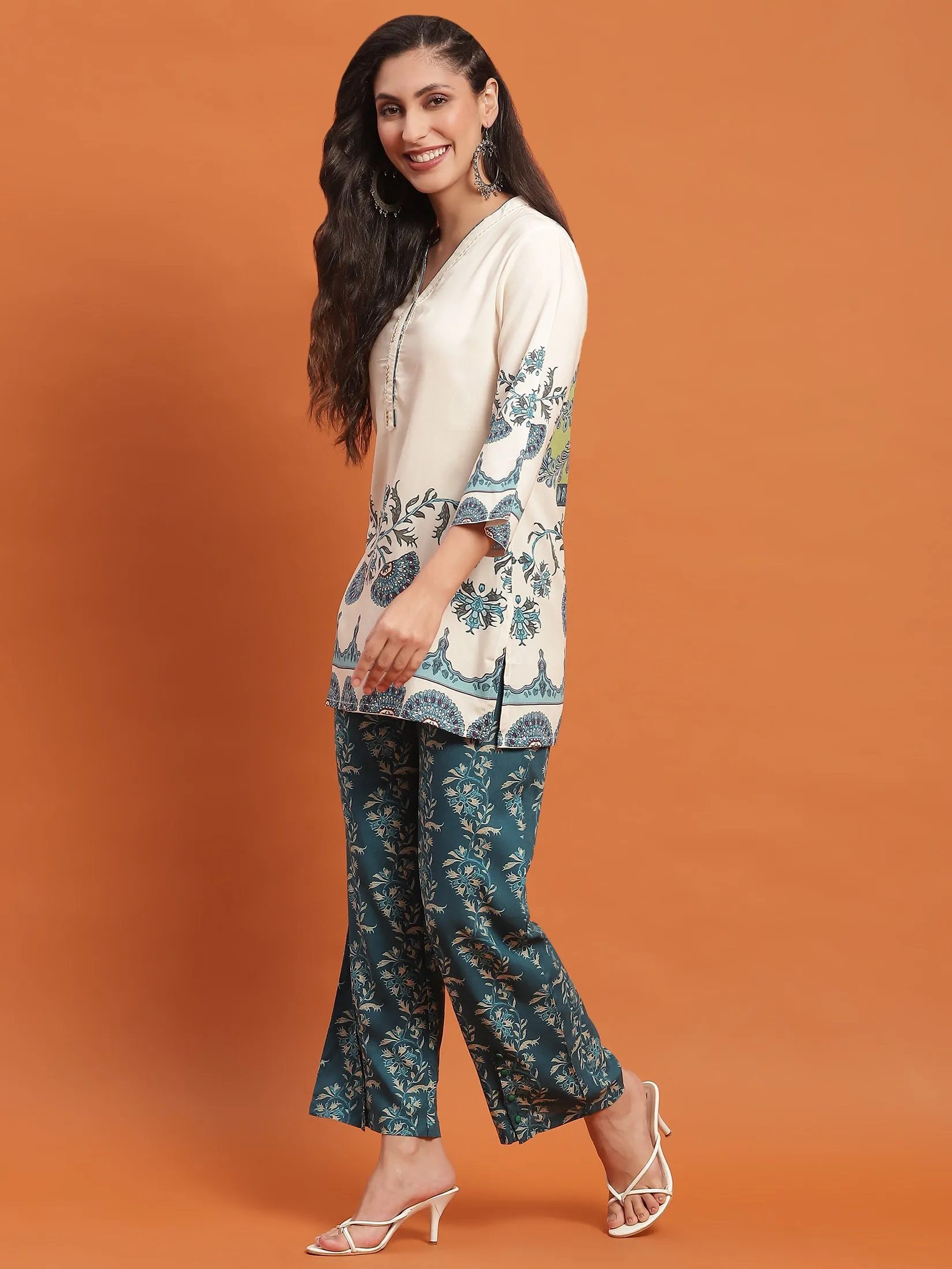 Women Cream Ornamental Print Co-Ord Set