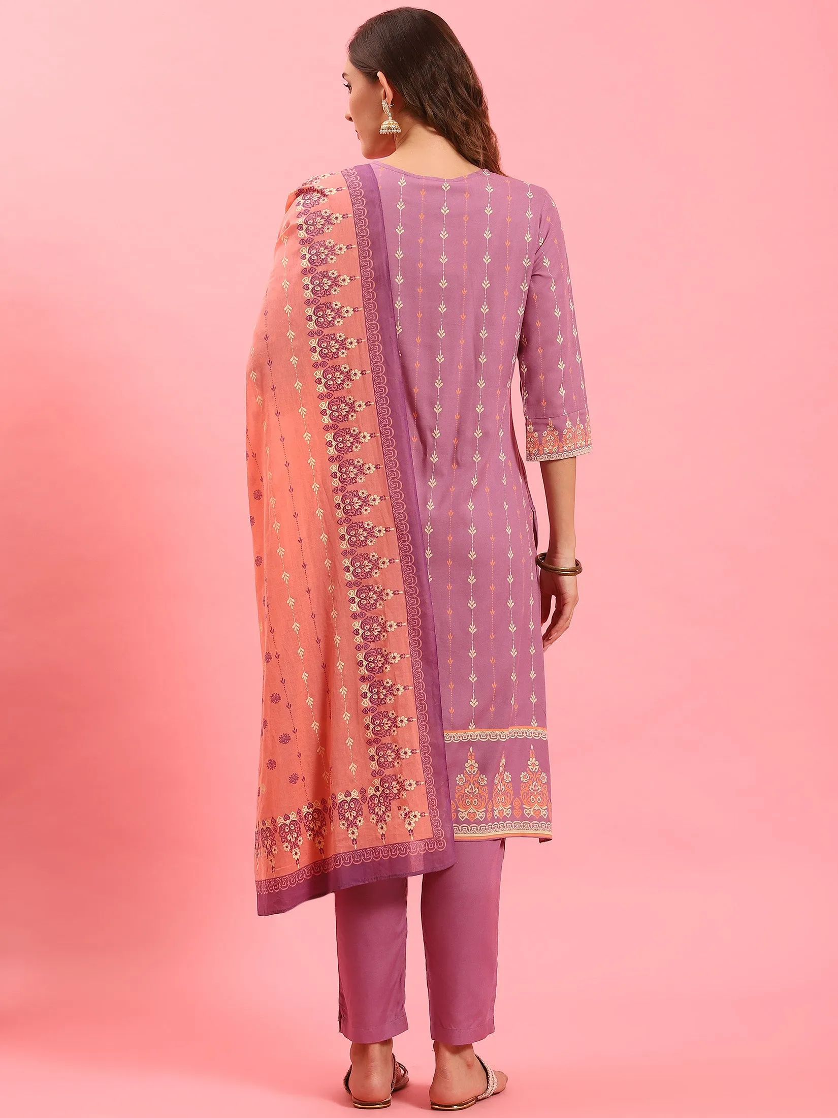 Women Lilac Ornamental Printed Kurta Trouser Dupatta