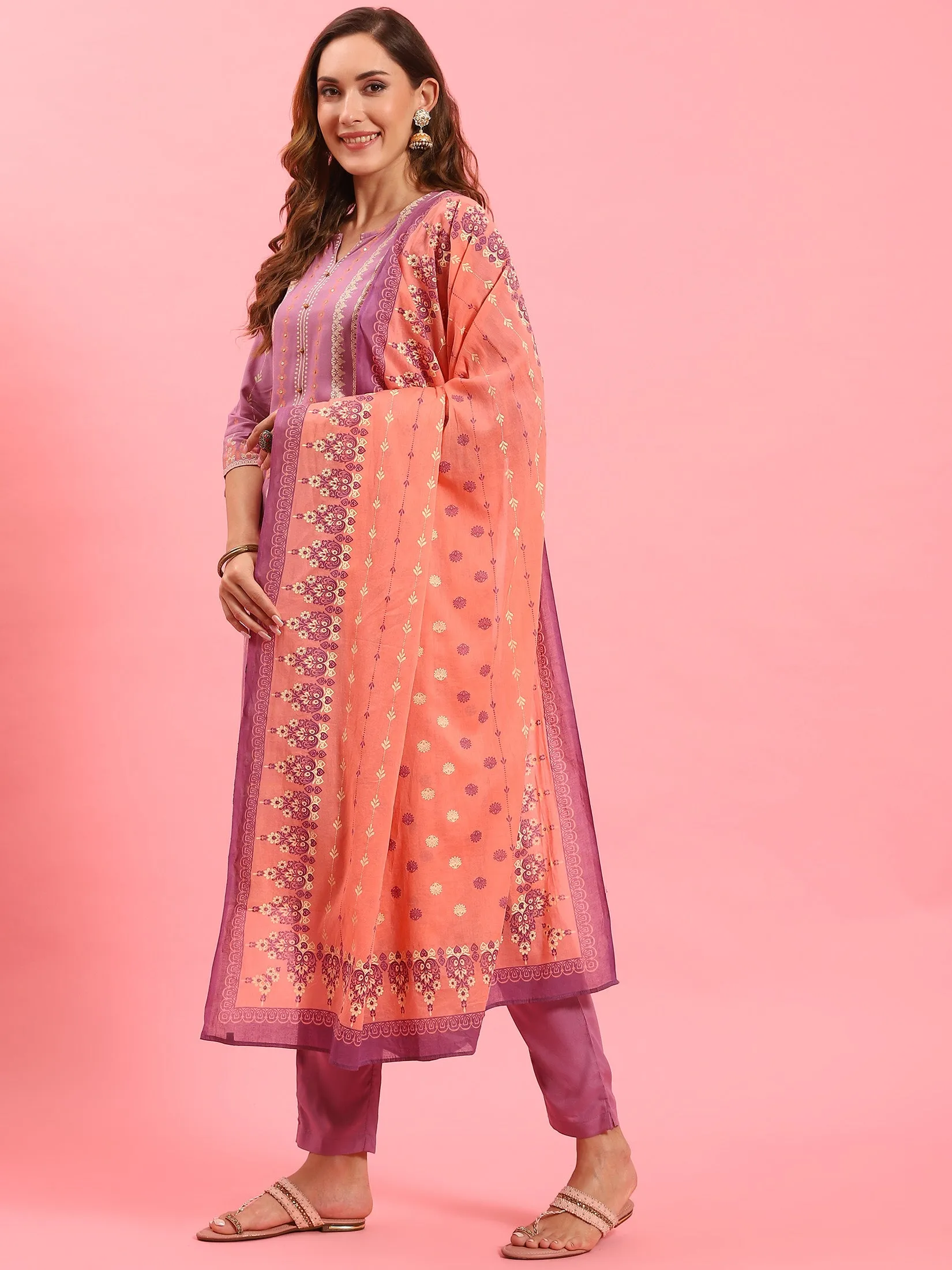 Women Lilac Ornamental Printed Kurta Trouser Dupatta