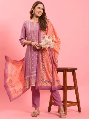 Women Lilac Ornamental Printed Kurta Trouser Dupatta