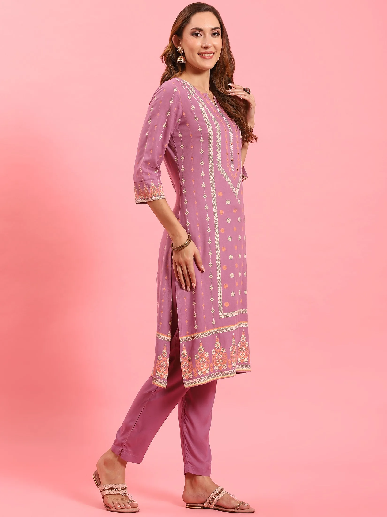 Women Lilac Ornamental Printed Kurta Trouser Dupatta