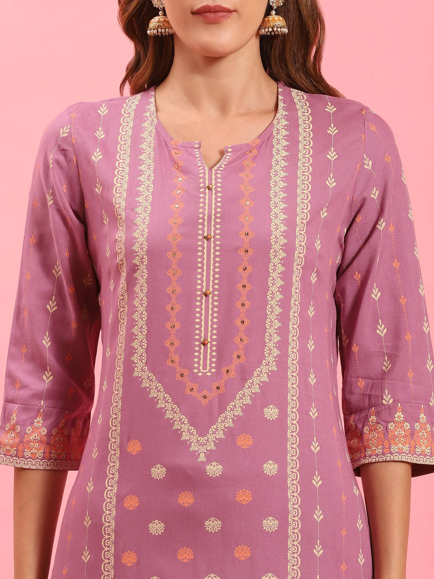 Women Lilac Ornamental Printed Kurta Trouser Dupatta