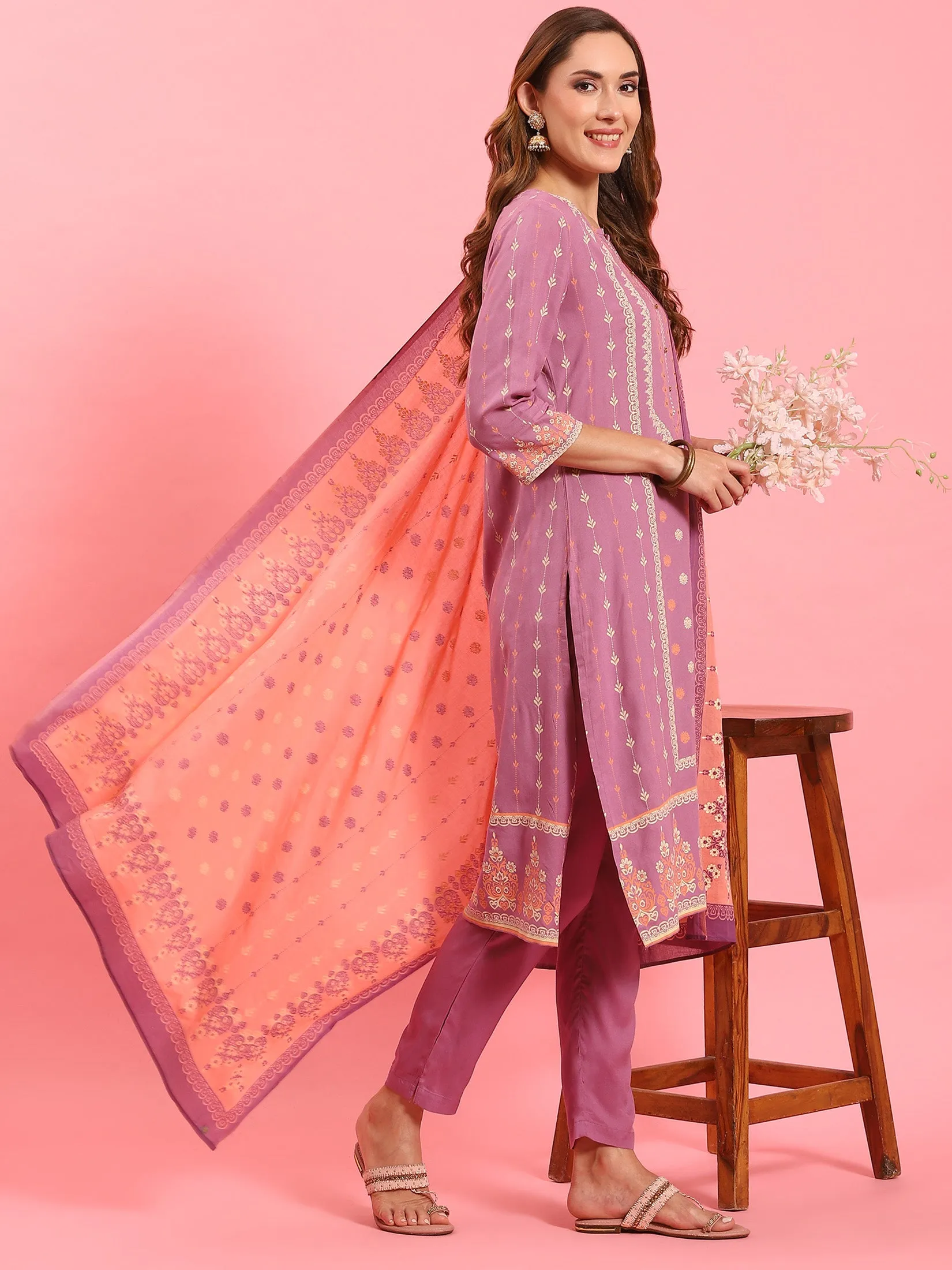 Women Lilac Ornamental Printed Kurta Trouser Dupatta