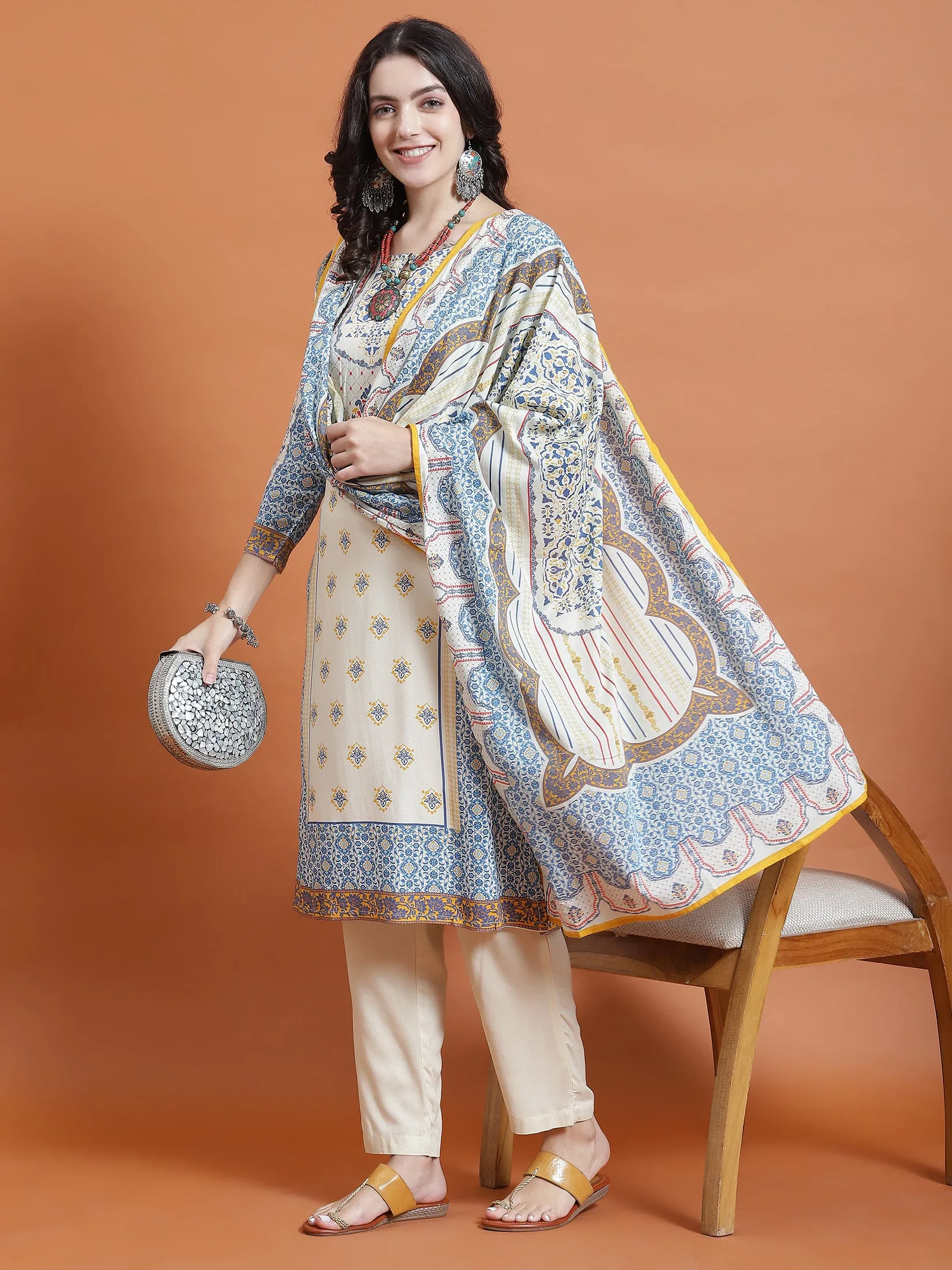 Women MultiOrnamental Print Kurta Trouser Dupatta