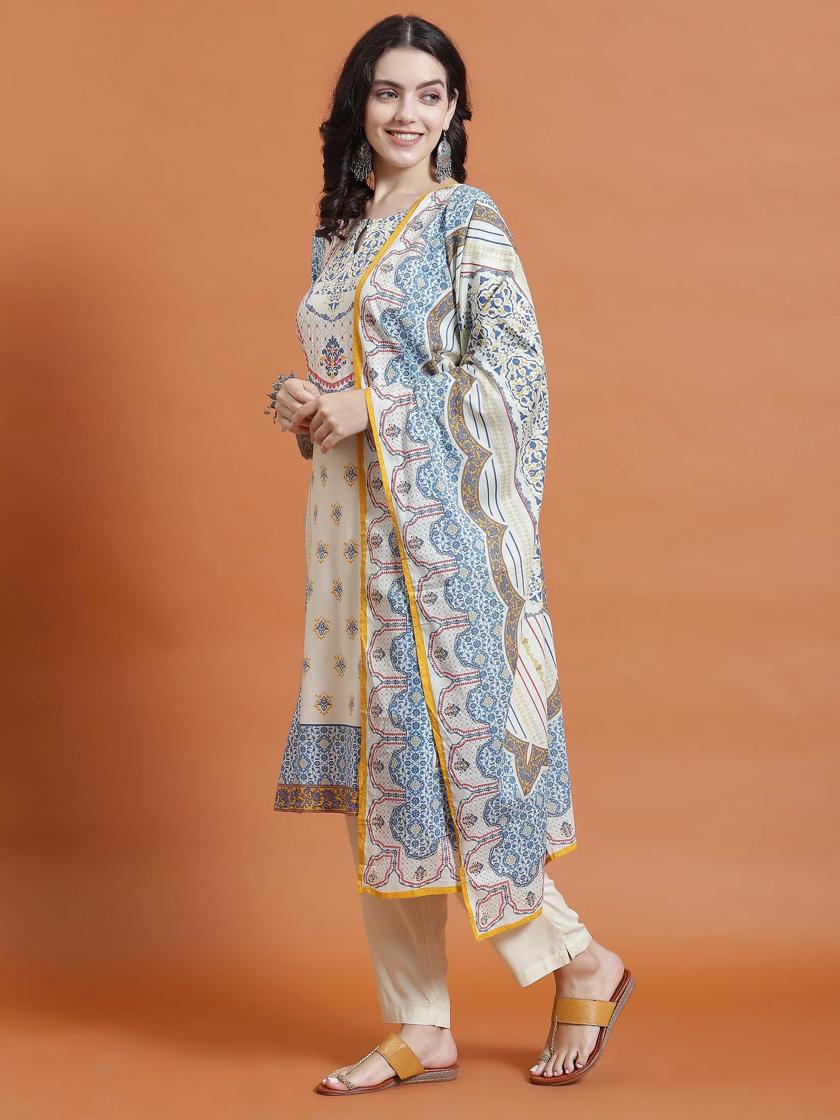 Women MultiOrnamental Print Kurta Trouser Dupatta