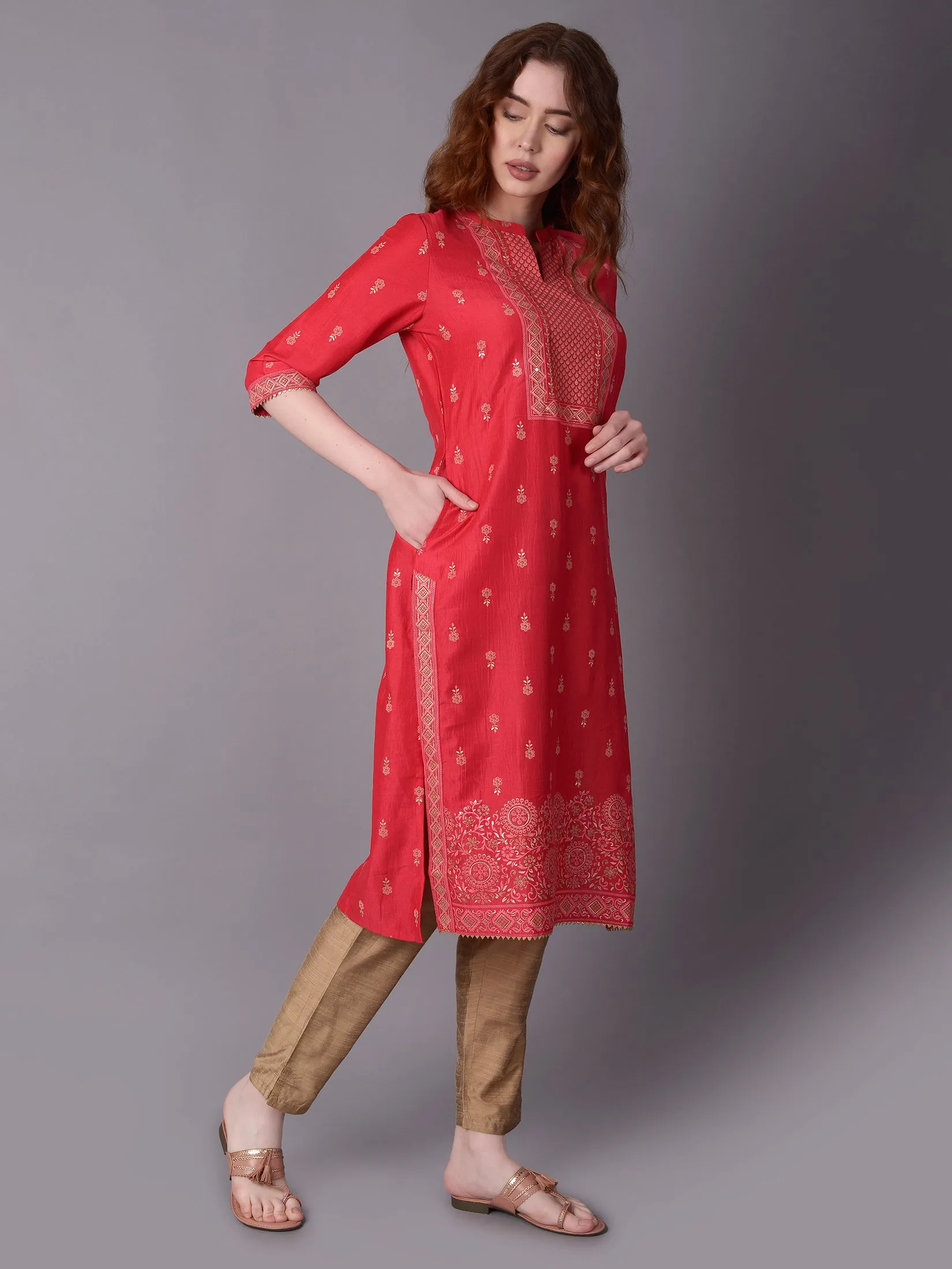 Women Pink Ornamental Printed Kurta