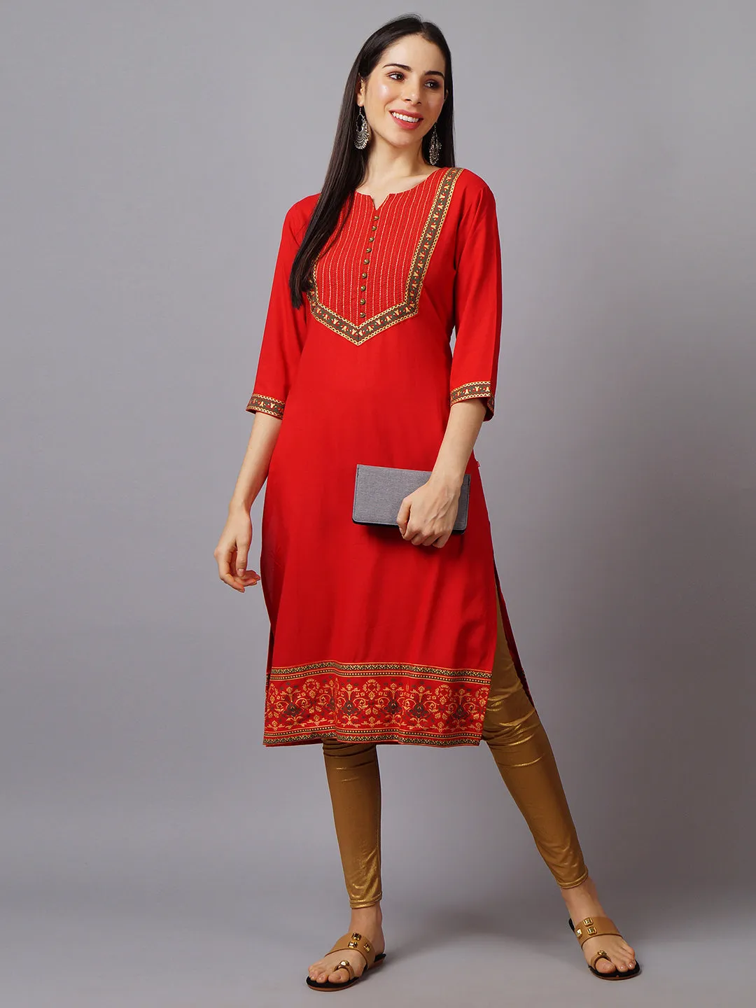 Women Red Ornamental Straight Printed Kurta