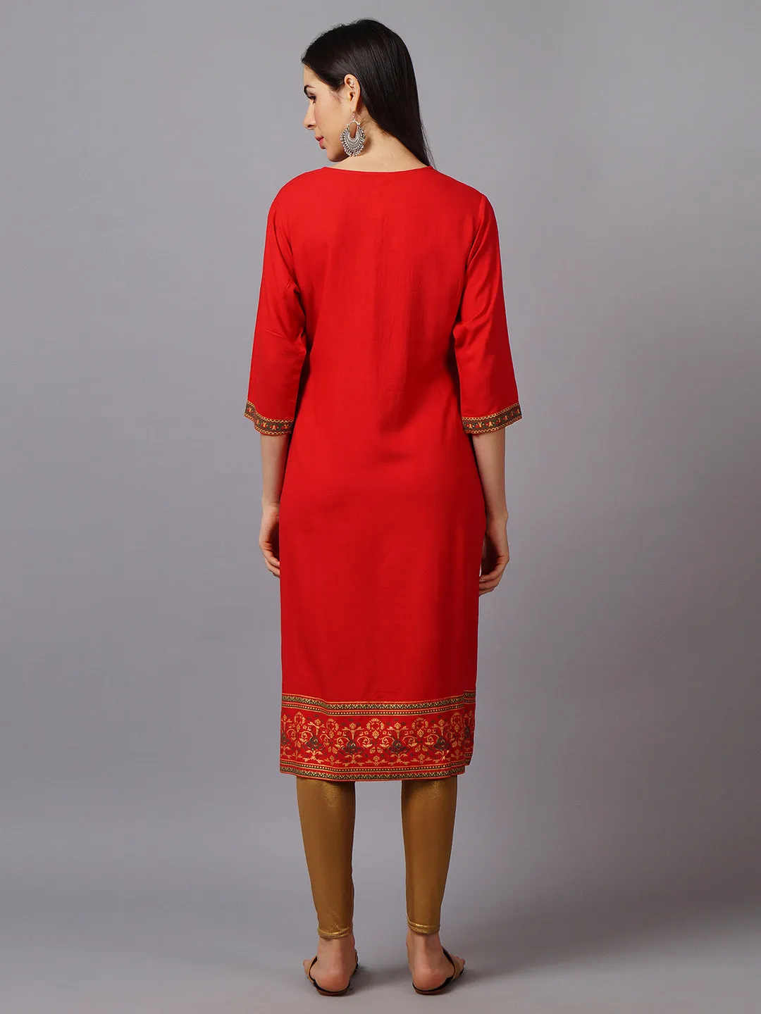 Women Red Ornamental Straight Printed Kurta