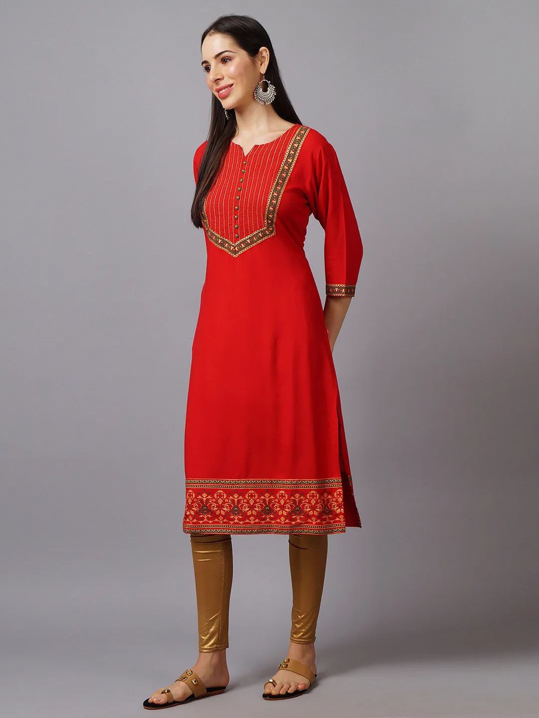 Women Red Ornamental Straight Printed Kurta