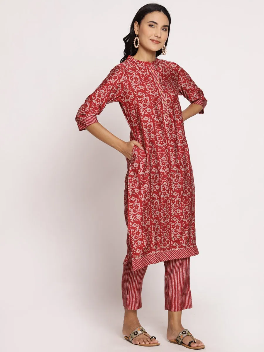 Women Red Straight Kurta With Trouser
