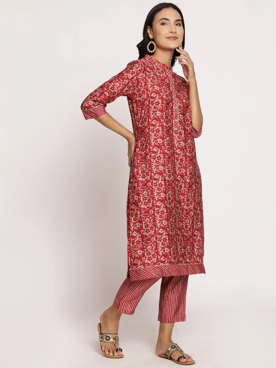 Women Red Straight Kurta With Trouser