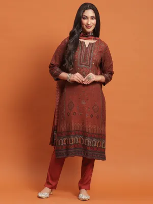 Women Rust Ornamental Print Kurta Trouser Dupatta