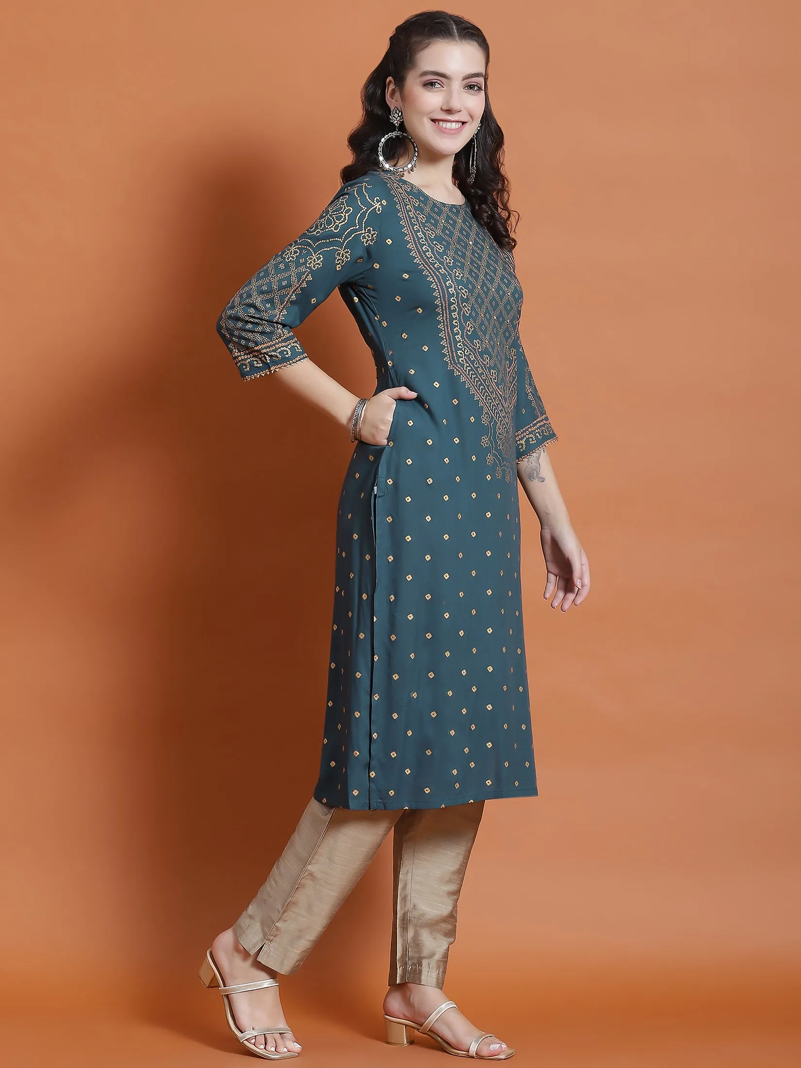 Women Teal Ornamental Print Kurta