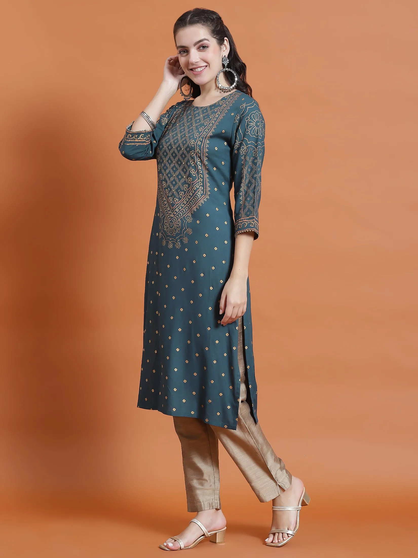 Women Teal Ornamental Print Kurta