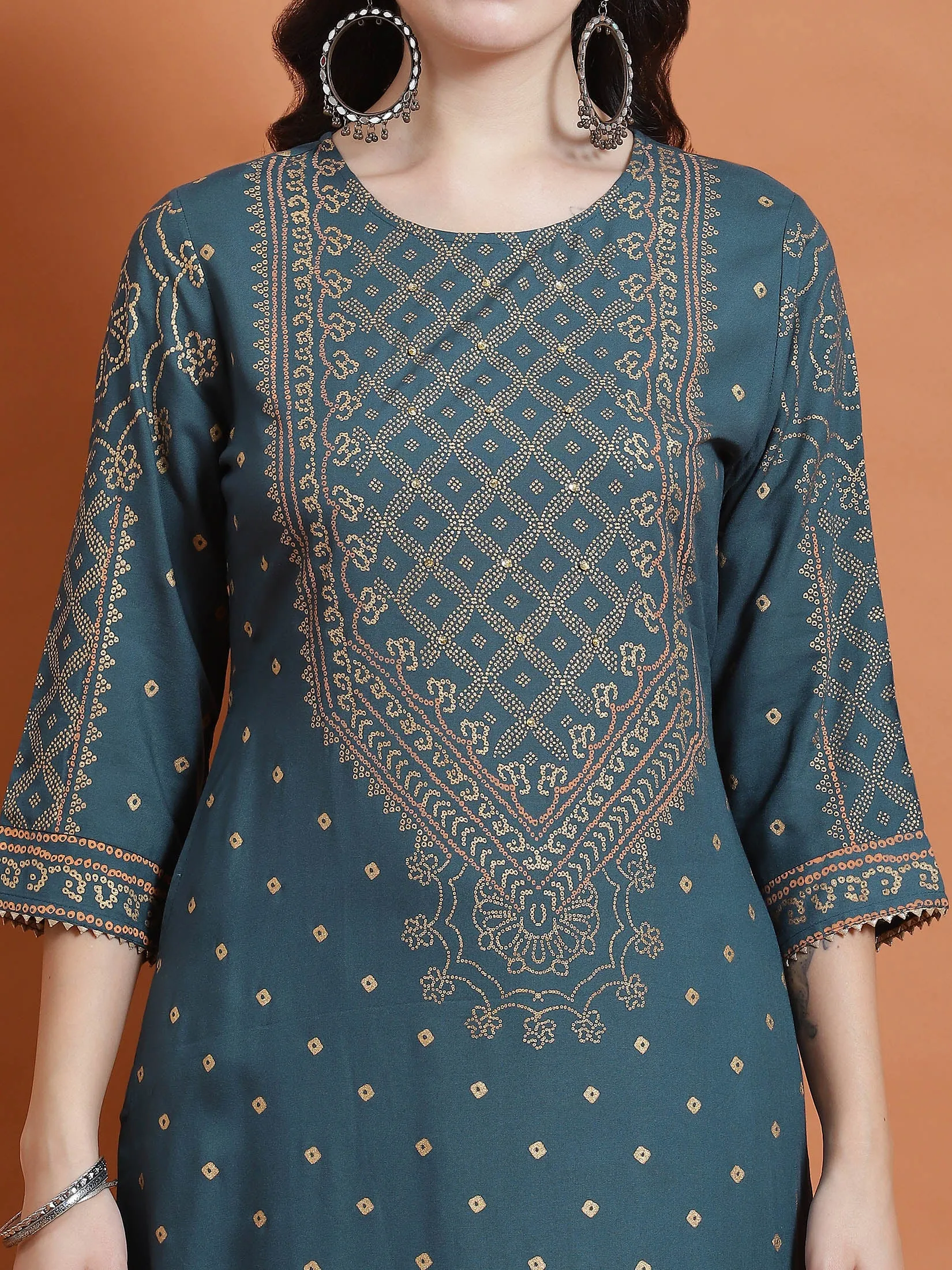 Women Teal Ornamental Print Kurta