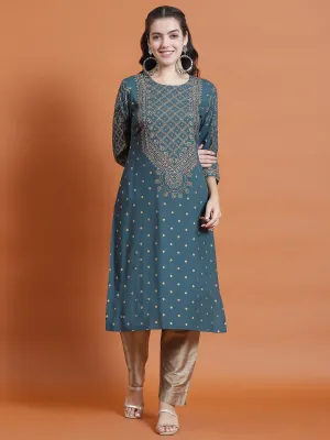 Women Teal Ornamental Print Kurta